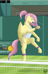 Size: 3300x5100 | Tagged: safe, artist:mighty-muffins, fluttershy, pegasus, pony, clothes, female, leg band, logo, mouth hold, shading, shirt, sign, signature, solo, sports, tanktop, tennis, tennis ball, tennis court, tennis racket, wrist tape