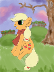 Size: 1352x1800 | Tagged: safe, artist:faience, applejack, earth pony, pony, apple tree, clothes, scarf, solo, tree, wip