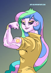 Size: 827x1169 | Tagged: safe, artist:art-2u, princess celestia, principal celestia, equestria girls, bicep, female, flexing, looking at you, muscles, praise the sun, princess musclestia, principal musclestia, rosie the riveter, solo, tattoo, watch, wristwatch