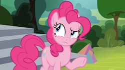 Size: 1920x1080 | Tagged: safe, screencap, pinkie pie, earth pony, pony, horse play, looking up, outdoors, raised eyebrow, raised hoof, solo