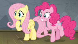 Size: 1920x1080 | Tagged: safe, screencap, fluttershy, pinkie pie, earth pony, pegasus, pony, horse play, excited