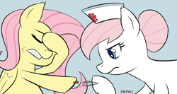 Size: 1000x533 | Tagged: safe, artist:empyu, fluttershy, nurse redheart, earth pony, pegasus, pony, duo, female, gray background, hoof hold, mare, simple background, splinter, tweezers