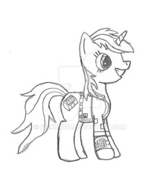 Size: 600x652 | Tagged: safe, artist:hickory17, oc, oc only, oc:littlepip, pony, unicorn, fallout equestria, black and white, fanfic, fanfic art, female, grayscale, mare, monochrome, pencil drawing, pipbuck, profile, show accurate, simple background, smiling, solo, standing, traditional art, vault suit, white background