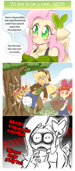 Size: 860x1948 | Tagged: safe, artist:thegreatrouge, apple bloom, applejack, fluttershy, anthro, a health of information, clothes, comic, cowboy hat, dialogue, female, filly, floppy ears, fridge horror, hat, i'd like to be a tree, mare, smiling, speech bubble, stetson, the implications are horrible