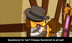 Size: 1600x973 | Tagged: safe, cheese sandwich, earth pony, pony, comic:celestia's servant interview, caption, cs captions, hat, interview, male, meta, ponyville, solo, stallion