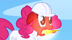 Size: 1280x720 | Tagged: safe, screencap, pinkie pie, earth pony, pony, sonic rainboom (episode), female, fire, fire breath, floppy ears, glow, hard hat, mare, open mouth, red, red face, solo, weather factory uniform