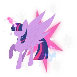 Size: 1000x1000 | Tagged: safe, artist:jisuppe, derpibooru import, twilight sparkle, twilight sparkle (alicorn), alicorn, pony, cutie mark background, lineless, magic, raised hoof, solo, spread wings, watermark