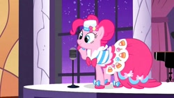 Size: 1280x720 | Tagged: safe, screencap, pinkie pie, earth pony, pony, the best night ever, clothes, costume, female, grand galloping gala, mare, microphone, night, pony pokey, solo, stars