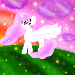 Size: 1000x1000 | Tagged: safe, artist:katya, princess celestia, alicorn, insect, pony, cloud, dew, grass, sparkles, stars, sun, sunrise, young