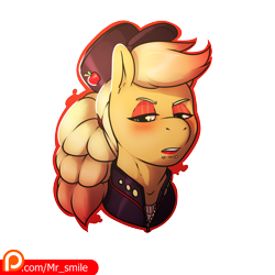 Size: 4000x4000 | Tagged: safe, artist:mr.smile, applejack, earth pony, pony, alternate hairstyle, blushing, bust, clothes, eyeshadow, female, hat, lidded eyes, lipstick, makeup, mare, patreon, patreon logo, piercing, portrait, punk, simple background, snake bites, solo, transparent background