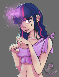 Size: 1024x1339 | Tagged: safe, artist:rachverity, derpibooru import, twilight sparkle, human, alternative cutie mark placement, clothes, facial cutie mark, horned humanization, humanized, magic, midriff, solo, tanktop