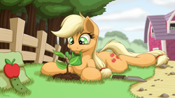 Size: 3840x2160 | Tagged: safe, artist:ohemo, applejack, earth pony, pony, barn, cute, female, fence, freckles, jackabetes, mare, mouth hold, prone, smiling, solo, sploot, sweet apple acres, watering, watering can