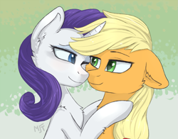 Size: 1201x940 | Tagged: safe, artist:haruhi-il, applejack, rarity, earth pony, pony, unicorn, ear fluff, female, floppy ears, fluffy, lesbian, looking at each other, mare, one eye closed, rarijack, shipping, simple background, wink