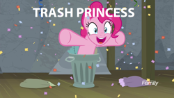 Size: 1272x716 | Tagged: safe, edit, edited screencap, screencap, pinkie pie, earth pony, pony, horse play, confetti, female, mare, solo, trash can