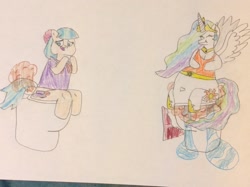 Size: 1024x765 | Tagged: safe, artist:snipiper, coco pommel, princess celestia, alicorn, earth pony, pony, but why, diarrhea, fart, female, mare, poop, pooping, solar wind, toilet, traditional art