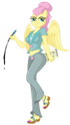 Size: 1024x1824 | Tagged: safe, artist:wangkingfun, fluttershy, anthro, pegasus, alternate hairstyle, clothes, female, ink, looking at you, midriff, notepad, pen, sandals, severeshy, shirt, simple background, transparent background