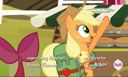 Size: 1199x720 | Tagged: safe, derpibooru import, screencap, apple bloom, applejack, earth pony, pony, somepony to watch over me, all new, derpibooru, exploitable meme, hub logo, jim all new, jim miller, juxtaposition, juxtaposition win, meme, meta