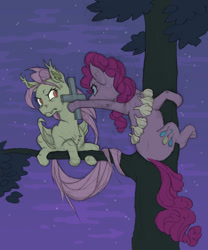 Size: 733x882 | Tagged: safe, artist:gor1ck, fluttershy, pinkie pie, bat pony, earth pony, pony, undead, vampire, vampony, climbing, cross, duo, female, flutterbat, folded wings, garlic, hanging, leaning back, looking at each other, mare, night, race swap, tree, tree branch