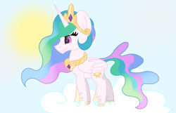 Size: 2800x1800 | Tagged: safe, artist:ponkus, princess celestia, alicorn, pony, clothes, cloud, shoes, sky, solo, sun