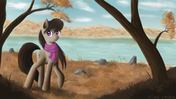 Size: 1280x720 | Tagged: safe, artist:ailynd, octavia melody, earth pony, pony, autumn, clothes, lake, scarf, scenery, solo