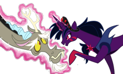 Size: 1531x918 | Tagged: safe, artist:strixmoonwing, derpibooru import, discord, twilight sparkle, pony, dungeons and discords, evil twilight, fight, hilarious in hindsight, magic, midnight eclipse