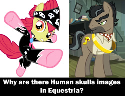 Size: 700x539 | Tagged: safe, edit, edited screencap, screencap, apple bloom, doctor caballeron, earth pony, pony, daring don't, the show stoppers, caption, clothes, cropped, female, filly, male, meta, question, rings of scorchero, show stopper outfits, skull, stallion