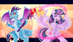 Size: 1850x1072 | Tagged: safe, artist:pika-chany, derpibooru import, dragon lord ember, princess ember, twilight sparkle, twilight sparkle (alicorn), alicorn, dragon, pony, gauntlet of fire, bloodstone scepter, scepter, twilight scepter