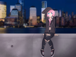 Size: 3297x2498 | Tagged: safe, artist:cinnamontee, fluttershy, human, city, cityscape, clothes, female, hoodie, humanized, looking away, pants, scenery, sitting, solo