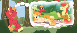 Size: 14000x6000 | Tagged: safe, artist:estories, artist:mundschenk85, applejack, big macintosh, bright mac, granny smith, pear butter, earth pony, pony, the perfect pear, absurd resolution, apple siblings, apple sisters, blank flank, blushing, brightbutter, brother and sister, colt big macintosh, father and child, father and daughter, father and son, female, filly, filly applejack, grandmother and grandchild, grandmother and granddaughter, grandmother and grandson, guitar, implied apple bloom, male, memory, mother and child, mother and daughter, mother and daughter-in-law, mother and son, parent and child, pregnant, shipping, siblings, singing, sisters, straight, thought bubble, tree, vector, younger