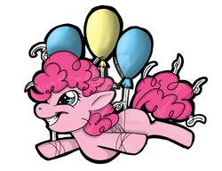 Size: 900x692 | Tagged: safe, artist:kuroryushin, pinkie pie, earth pony, pony, balloon, blank flank, female, filly, floating, simple background, smiling, solo, then watch her balloons lift her up to the sky, watermark, white background, younger
