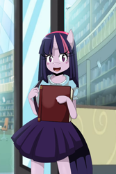 Size: 832x1244 | Tagged: safe, artist:traupa, derpibooru import, twilight sparkle, anthro, blushing, library, solo, younger