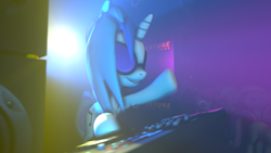 Size: 3840x2160 | Tagged: safe, artist:marcsello, dj pon-3, vinyl scratch, pony, unicorn, 3d, cutie mark, female, hooves, horn, mare, mixing console, party, smiling, solo, source filmmaker, sunglasses, teeth