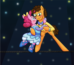 Size: 1001x884 | Tagged: safe, artist:crazynutbob, cheese sandwich, pinkie pie, earth pony, pony, ballet slippers, blushing, bow, bowtie, cheesepie, clothes, dancing, dress, eye contact, female, looking at each other, male, shipping, spotlight, straight, suit, tightrope