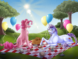 Size: 1161x884 | Tagged: safe, artist:bijutsuyoukai, pinkie pie, oc, earth pony, pony, balloon, basket, female, lens flare, magical lesbian spawn, mare, offspring, parent:applejack, parent:rarity, parents:rarijack, picnic, picnic basket, picnic blanket, sun, tree