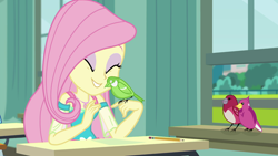 Size: 1280x720 | Tagged: safe, screencap, fluttershy, bird, a little birdie told me, equestria girls, equestria girls series, canterlot high, classroom, cute, desk, eyes closed, eyeshadow, geode of fauna, makeup, paper, pencil, shyabetes, smiling, snuggling, window