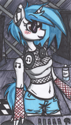Size: 622x1098 | Tagged: safe, artist:fiji-firefox, dj pon-3, vinyl scratch, anthro, belly button, digital outline, markers, rave, solo, sunglasses, traditional art