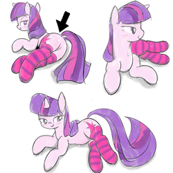 Size: 3000x3000 | Tagged: safe, artist:fromamida, twilight sparkle, pony, unicorn, clothes, dock, featureless crotch, female, looking back, mare, plot, simple background, smiling, socks, solo, striped socks, twibutt, white background