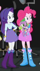 Size: 1242x2208 | Tagged: safe, screencap, fluttershy, pinkie pie, rarity, spike, spike the regular dog, dog, equestria girls, movie magic, spoiler:eqg specials, belt, boots, bracelet, clothes, cropped, female, jewelry, male, offscreen character, paws, raised leg, shoes, skirt, smiling, trio