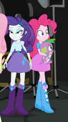 Size: 1242x2208 | Tagged: safe, screencap, fluttershy, pinkie pie, rarity, spike, spike the regular dog, dog, equestria girls, movie magic, spoiler:eqg specials, belt, boots, bracelet, clothes, cropped, female, jewelry, male, offscreen character, shoes, skirt