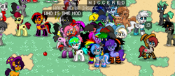 Size: 1081x471 | Tagged: safe, screencap, octavia melody, oc, oc:avi, oc:seafood dinner, oc:sign, earth pony, pony, clothes, group photo, pony town, racial slur, socks, striped socks, vulgar