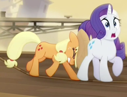 Size: 772x592 | Tagged: safe, screencap, applejack, rarity, earth pony, pony, unicorn, my little pony: the movie, cropped, out of context