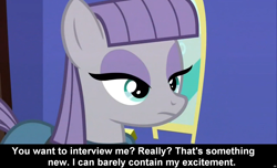 Size: 1600x973 | Tagged: safe, maud pie, earth pony, pony, comic:celestia's servant interview, caption, cs captions, excited, female, interview, mare, meta, solo