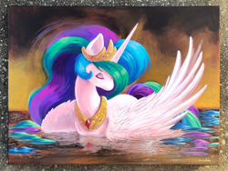 Size: 1500x1125 | Tagged: safe, artist:tsaoshin, princess celestia, alicorn, pony, abstract background, acrylic painting, commission, eyes closed, female, mare, reflection, solo, swanlestia, traditional art, water