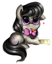 Size: 2174x2661 | Tagged: safe, artist:pridark, octavia melody, earth pony, pony, cute, heart, looking at you, mouth hold, necktie, paper, pencil, pridark is trying to murder us, prone, sheet music, simple background, solo, tavibetes, transparent background