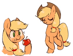 Size: 900x690 | Tagged: safe, artist:r1629, applejack, earth pony, pony, apple, cowboy hat, crossed hooves, cute, eating, eyes closed, female, food, hat, hatless, hoof hold, jackabetes, mare, missing accessory, simple background, solo, white background