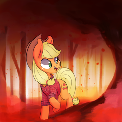 Size: 1000x1000 | Tagged: safe, artist:xxmarkingxx, applejack, earth pony, pony, autumn, cowboy hat, cute, female, forest, hat, jackabetes, mare, open mouth, plaid shirt, smiling, solo, stetson, tree