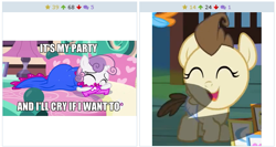 Size: 515x275 | Tagged: safe, pound cake, sweetie belle, for whom the sweetie belle toils, 5-year-old sweetie belle, crying, cute, derpibooru, exploitable meme, it's my party, juxtaposition, juxtaposition win, lesley gore, meme, meta, pound cake laughs at your misery, song reference