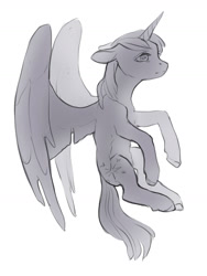 Size: 1280x1706 | Tagged: safe, artist:aphphphphp, derpibooru import, twilight sparkle, twilight sparkle (alicorn), alicorn, pony, flying, monochrome, sketch, solo