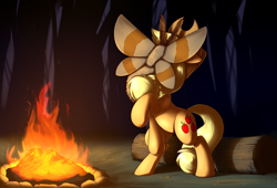 Size: 2340x1592 | Tagged: safe, artist:otakuap, applejack, oc, oc:fluffy the bringer of darkness, earth pony, insect, moth, pony, animal, applejack's hat, bonfire, campfire, covering, cowboy hat, facemoth, female, fire, giant insect, giant moth, hat, log, mare, raised hoof, rearing, remake