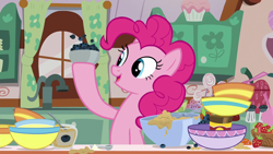 Size: 1280x720 | Tagged: safe, screencap, pinkie pie, earth pony, pony, secrets and pies, blueberries, bowl, curtains, sugarcube corner